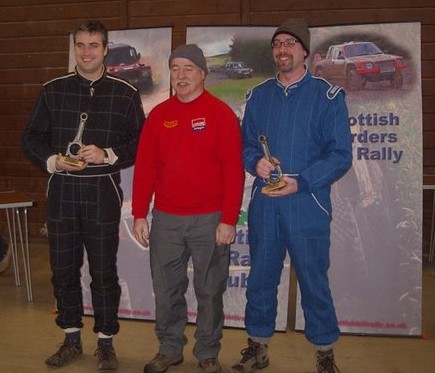 Henry and Joel (L&R) collect their prize from rally director Ian Sykes